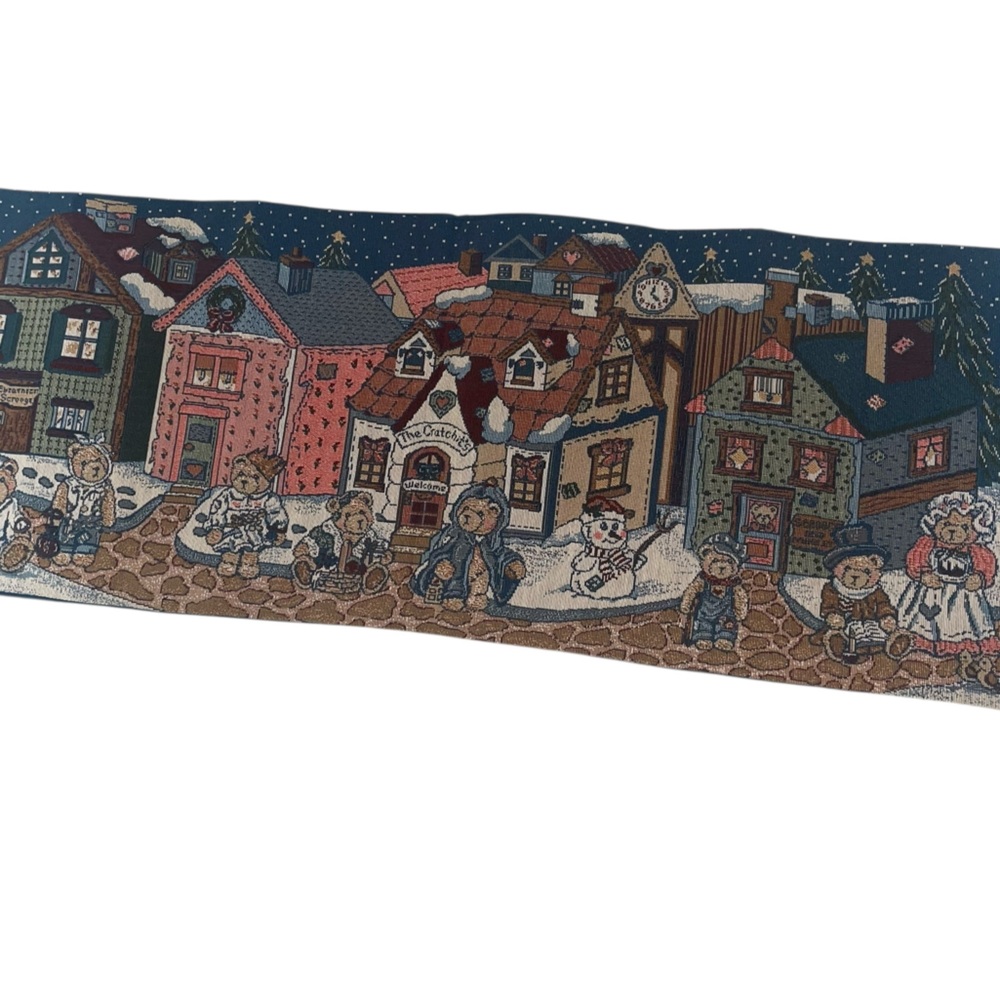 Vintage Christmas Tapestry Table Runner Needlep Teddy Bear Christmas Tree 35"